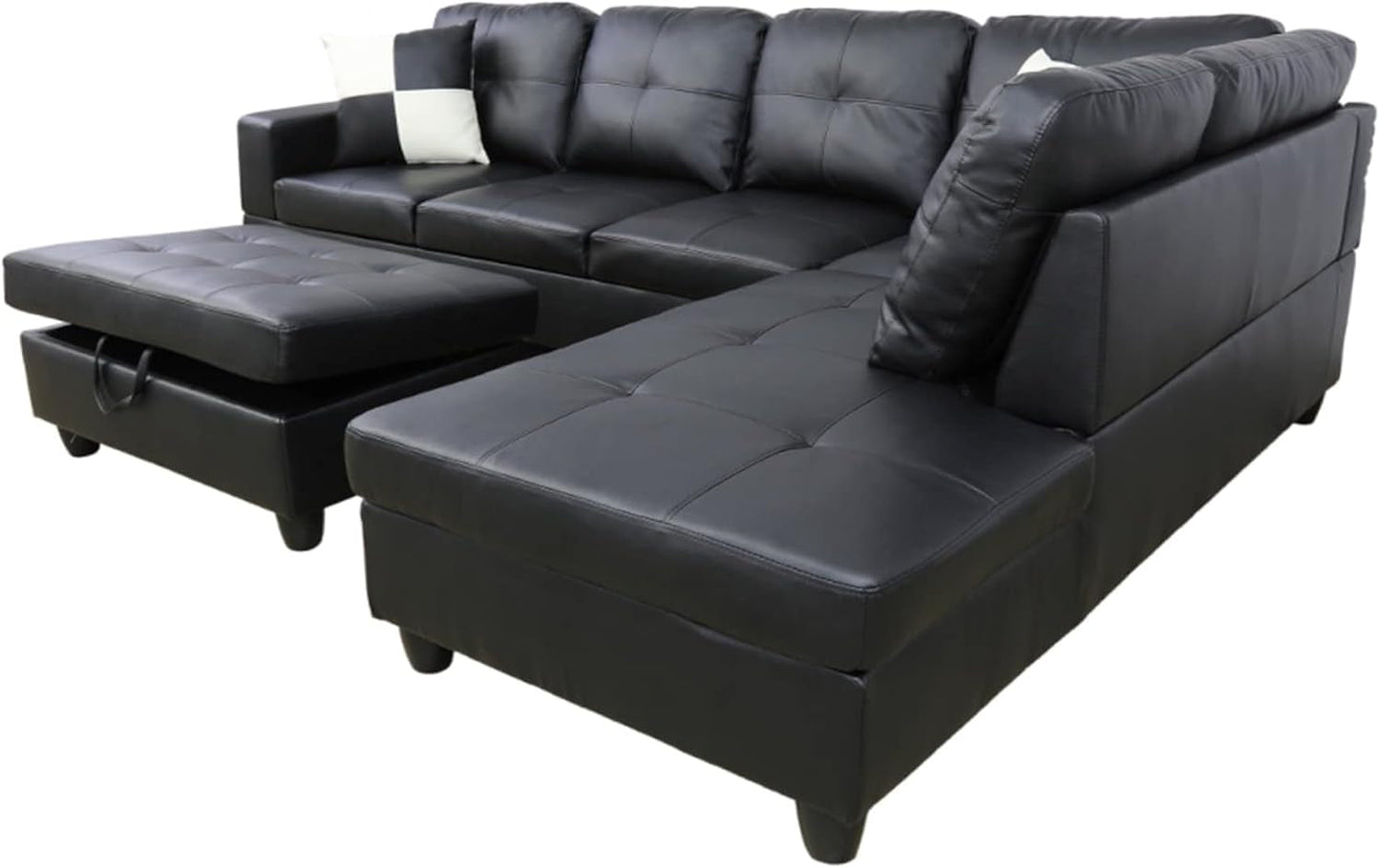 Sectional Sofa Faux Leather Modern L Shaped Couch Set 103.5”Wide Including Chaise and 3 Seating Sofa with Storage Ottoman for Living Room Furniture (Right Hand Facing, B-Black)-4