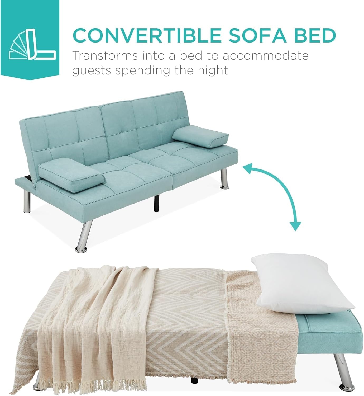 Linen Modern Folding Futon, Reclining Sofa Bed for Apartment, Dorm W/Removable Armrests, 2 Cupholders - Aqua-4