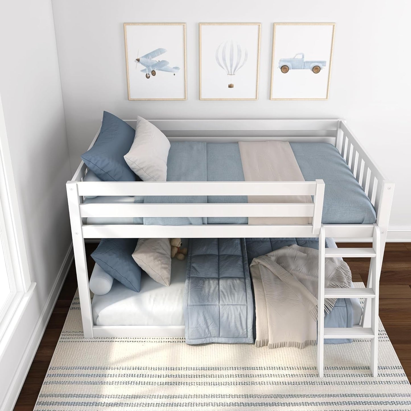Fundamental Twin Low Bunk Bed, Kids Solid Wood Modern Bed Frame with Strong Wooden Slats, Non-Toxic Finishes, High Weight Capacity, White-4