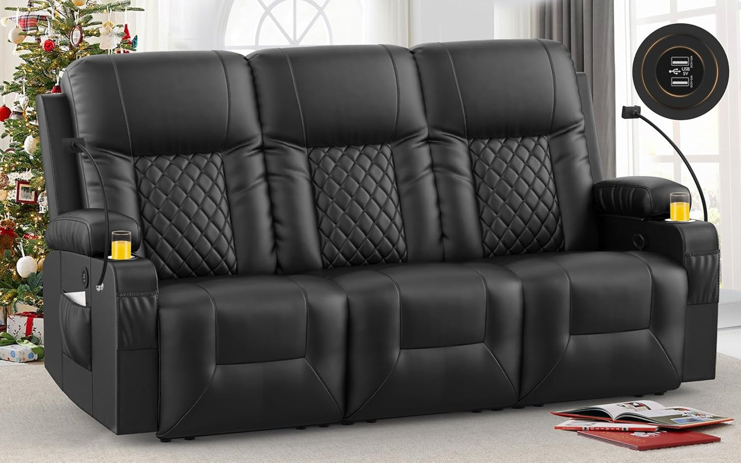 Recliner Sofa, Reclining Sofa 3 Seats Dual Recliner, PU Leather Recliner Couch, Modern Recliner Chair for Living Room, with Cup Holder and 2 Cell Phone Holder, USB Ports, Black-0