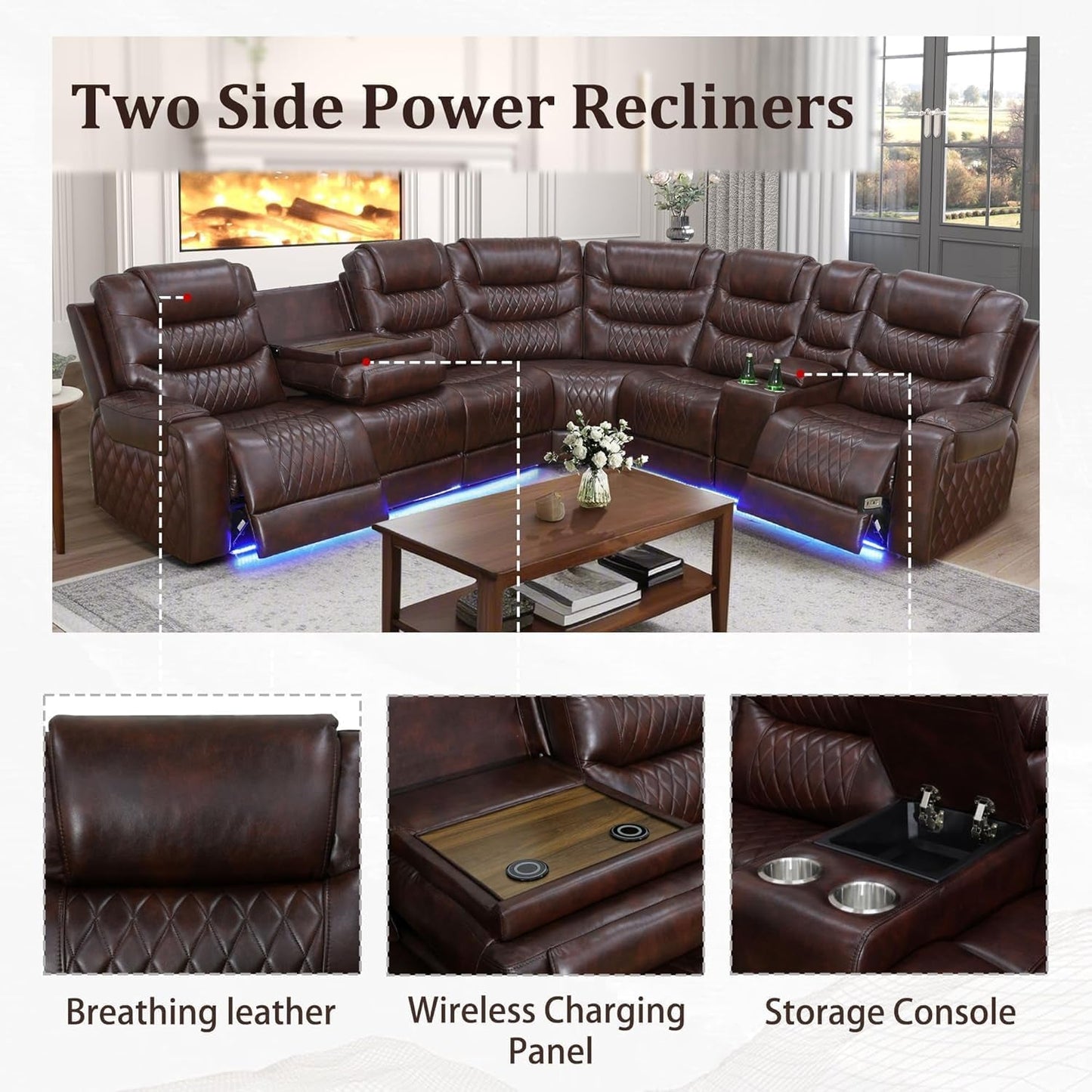 6-Seat Power Recliner Sectional LED, Leather, USB-4