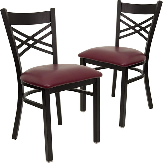 2 Pack HERCULES Series Black ''X'' Back Metal Restaurant Chair - Burgundy Vinyl Seat-1