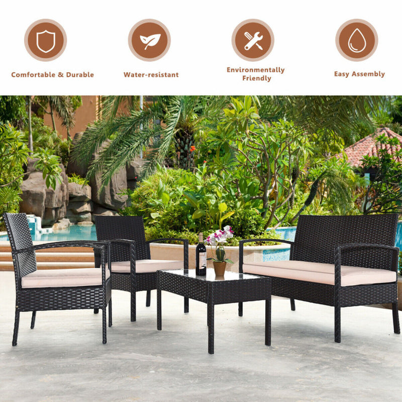 4 Pieces Patio Rattan Conversation Set with Loveseat Sofas and Coffee Table-4