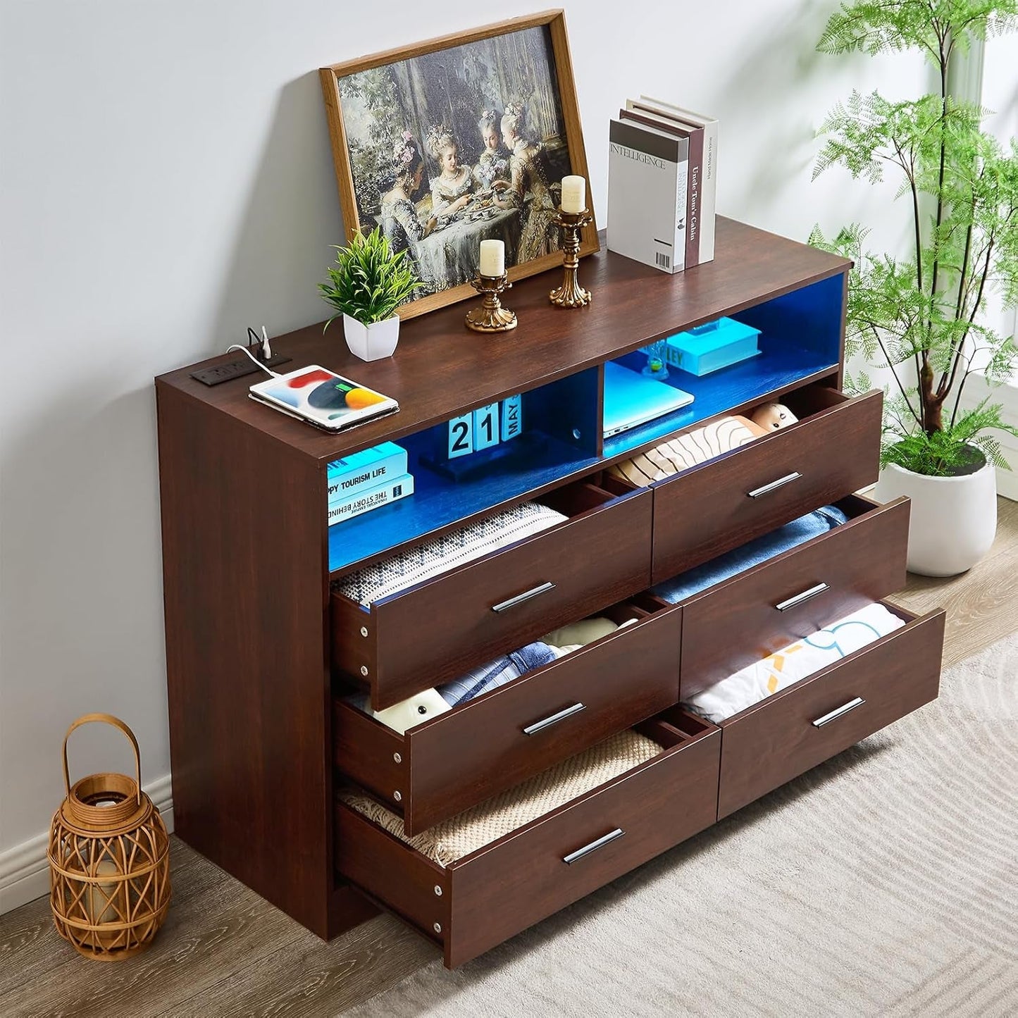 Dark Cherry Dresser for Bedroom Wooden, 6 Drawer Dressers & Chests of Drawers, Modern Wood Tall Dresser, 48 Inches Wide Chest of Drawers for Bedroom, Hallway, Living Room-2