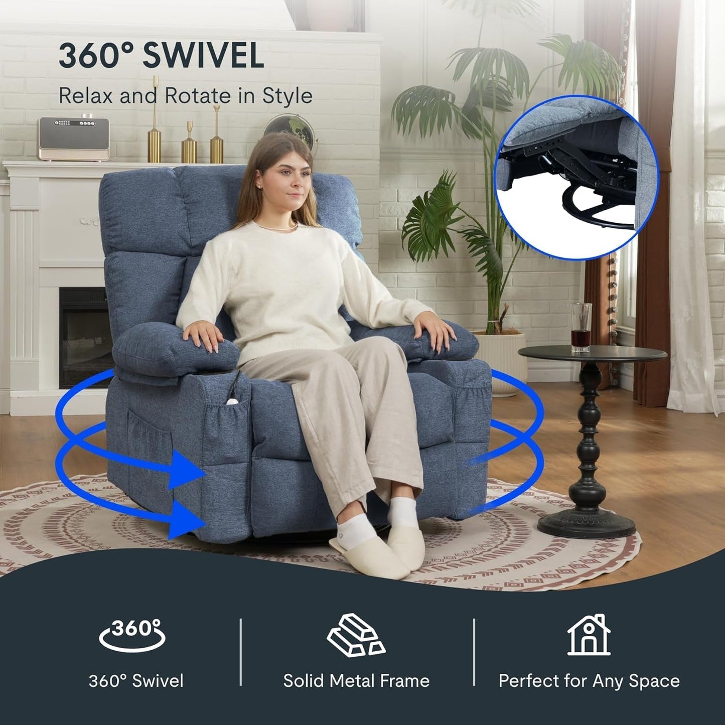XRC3 Rocker Recliner Chair for Adults W/Massage & Heat, 360° Swivel Recliner Chair W/Cup Holders, USB Port, Manual Glider Rocking Chair for Living Room Nusery, Blue-2