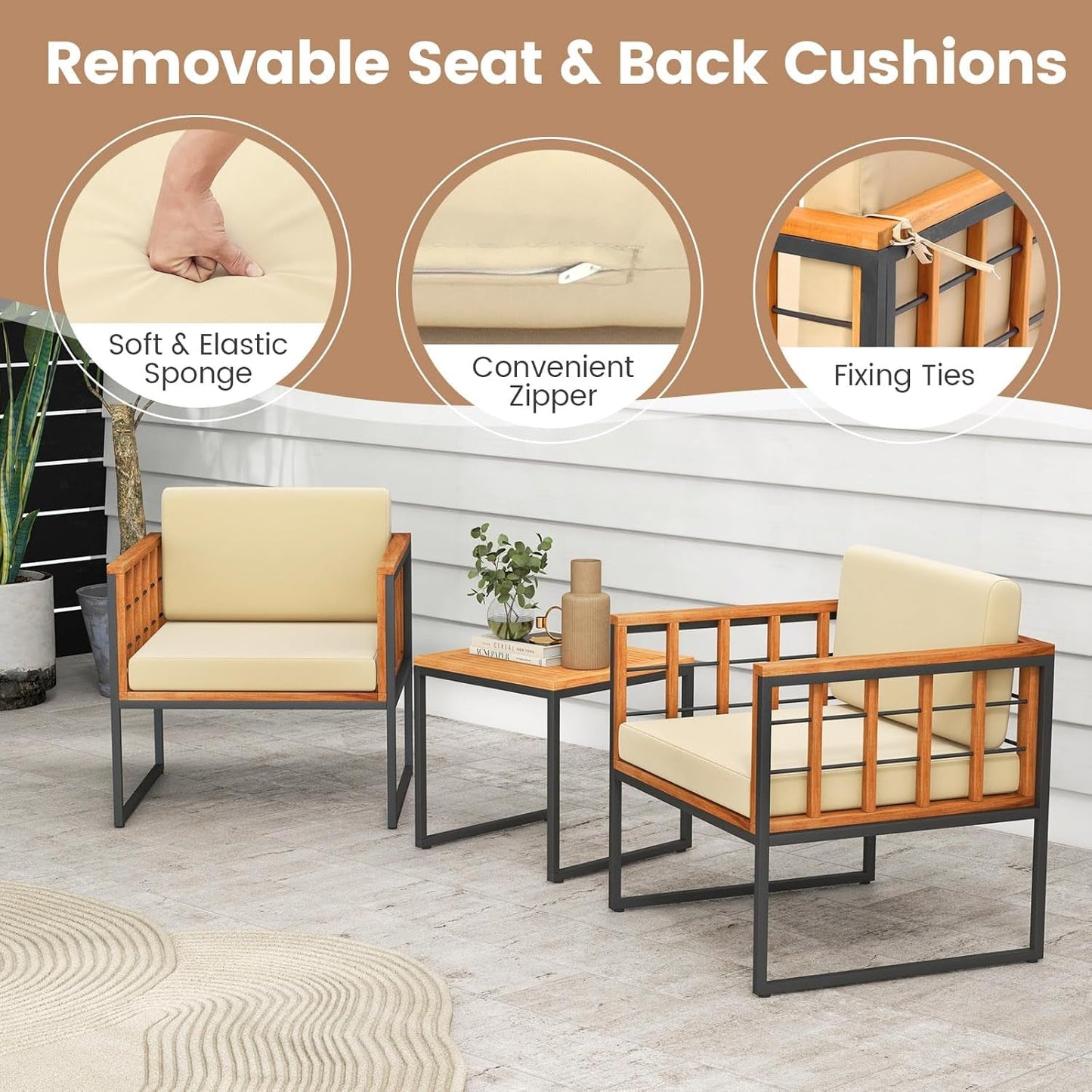 3 Pieces Patio Chair Set, Acacia Wood Outdoor Sofa Set with Metal Support, Soft Seat & Back Cushions Included, Cushioned Bistro Set for Balcony, Porch, Backyard (Beige)-4