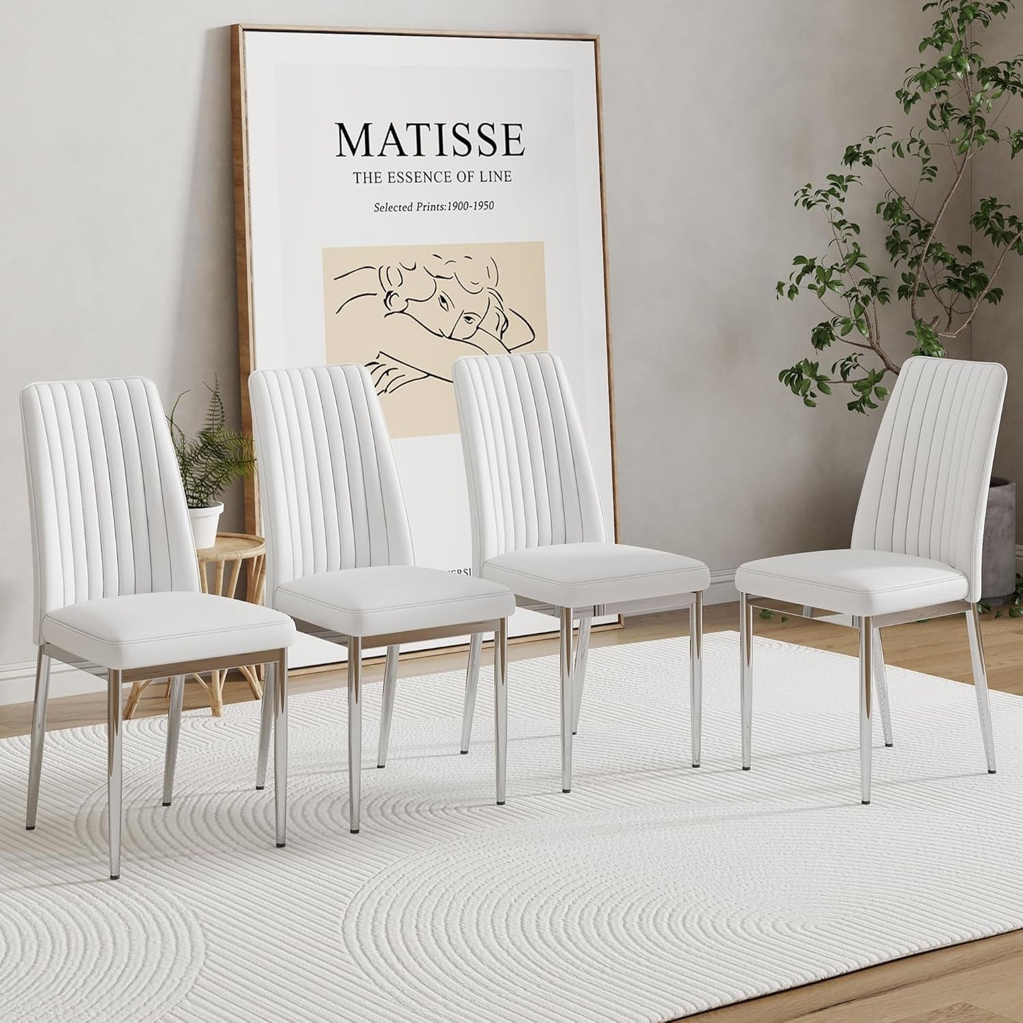 White Leather Chair, Modern Dining Chair Set of 4 with PU Leather and Chrome Leg, Sillas De Comedor with High Back for Dining Room, Kitchen, Living Room (WH-4)-2