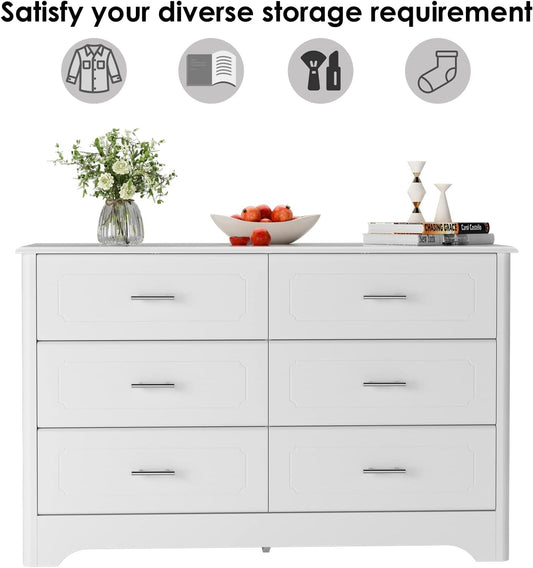 6 Drawer Dresser with Metal Handles, White-1