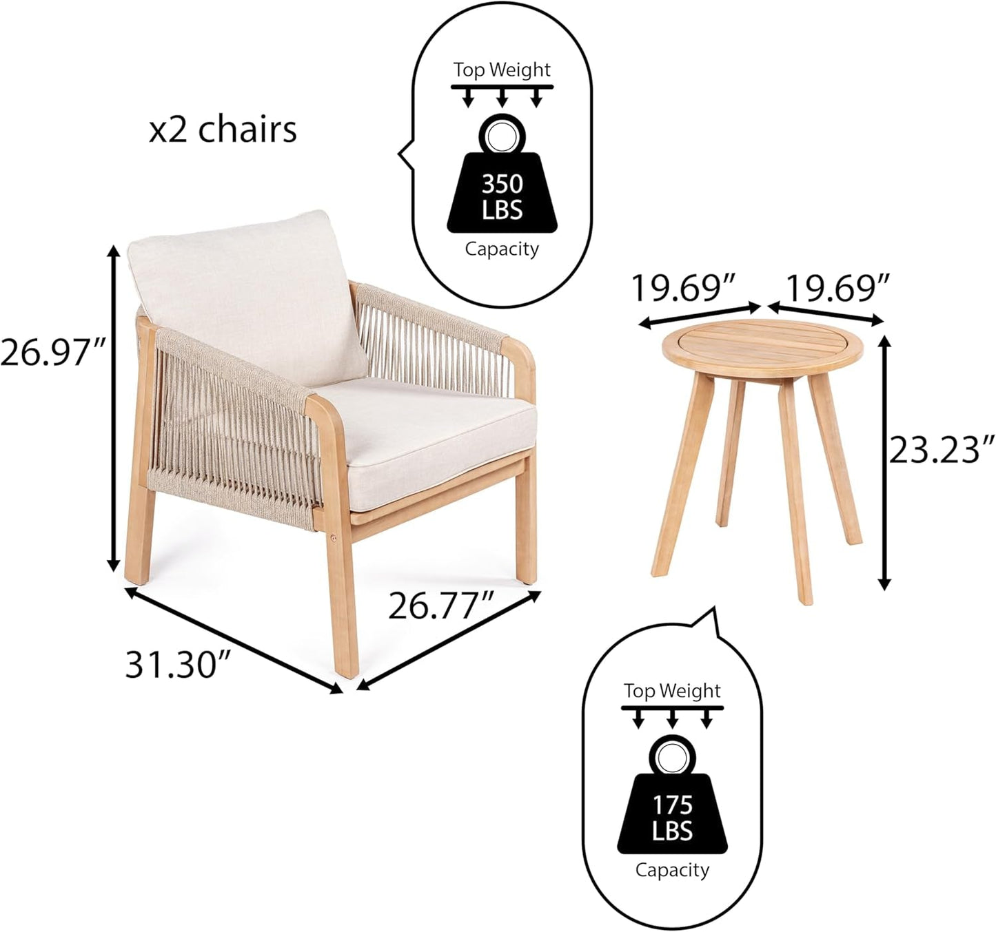 LVG1203A-3SET Aveiro 3-Piece Modern Bohemian Roped Acacia Wood Conversation Outdoor Patio Set with Cushions Coastal, Contemporary, Transitional, Rustic, Cottage, Beige/Light Teak-3