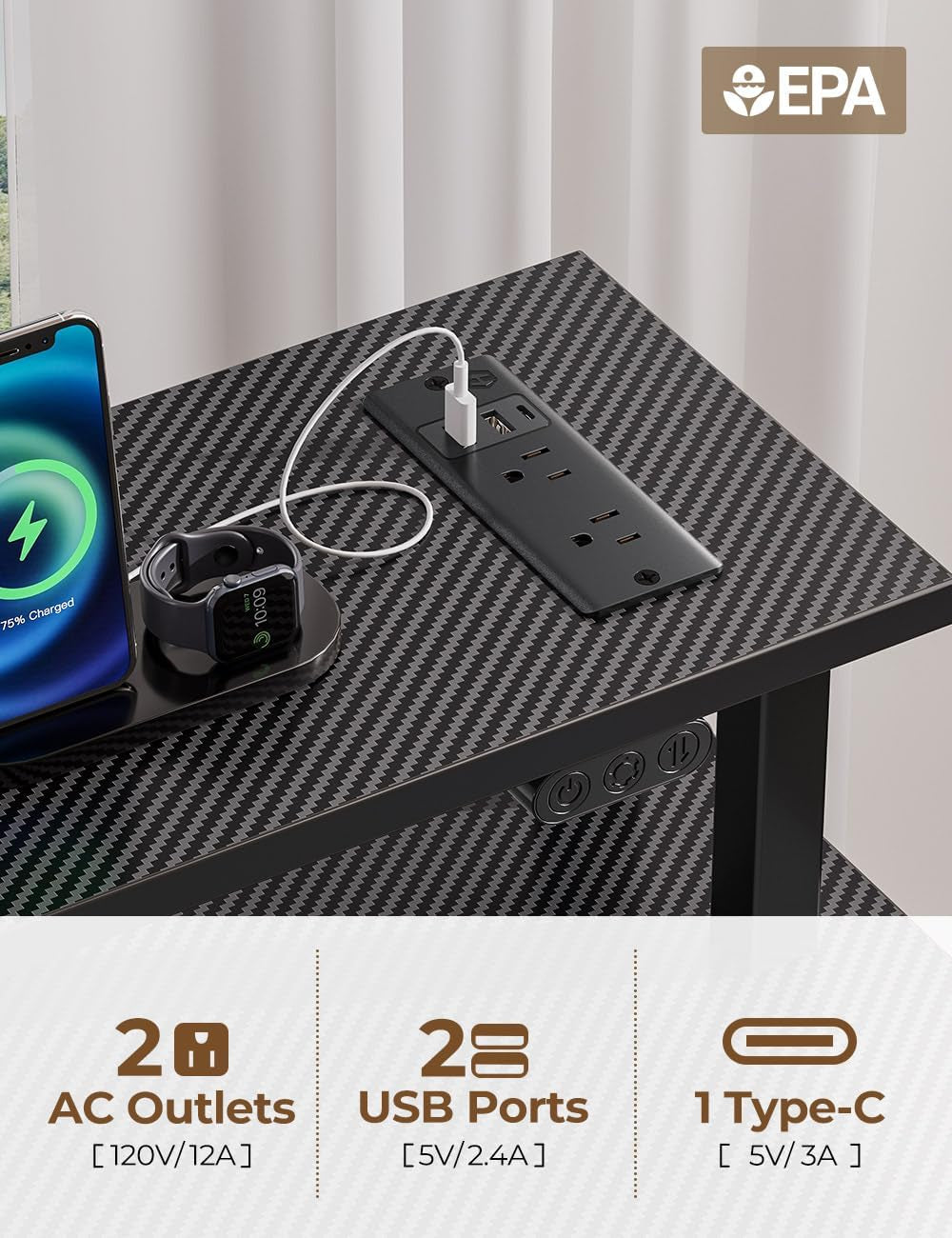 Computer Desk with Power Outlets & LED Light, 47 Inch Home Office Desk with 3 Drawers and Storage Shelves, Writing Desk with Monitor Stand, Modern Work Desk for Home Office, Carbon Black-3