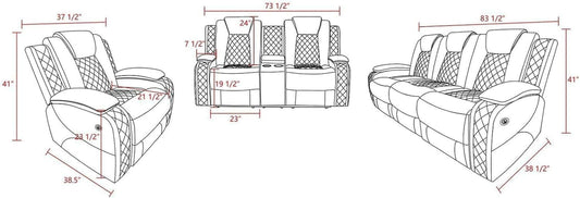 Multifunction Power Air Leather Recliner Sofa Set with LED Lights, Living Room Furniture, Reclining Sofa, Loveseat, Chair with USB Port/Storage Console/Cup Holders (Black, 3 Pieces)-1