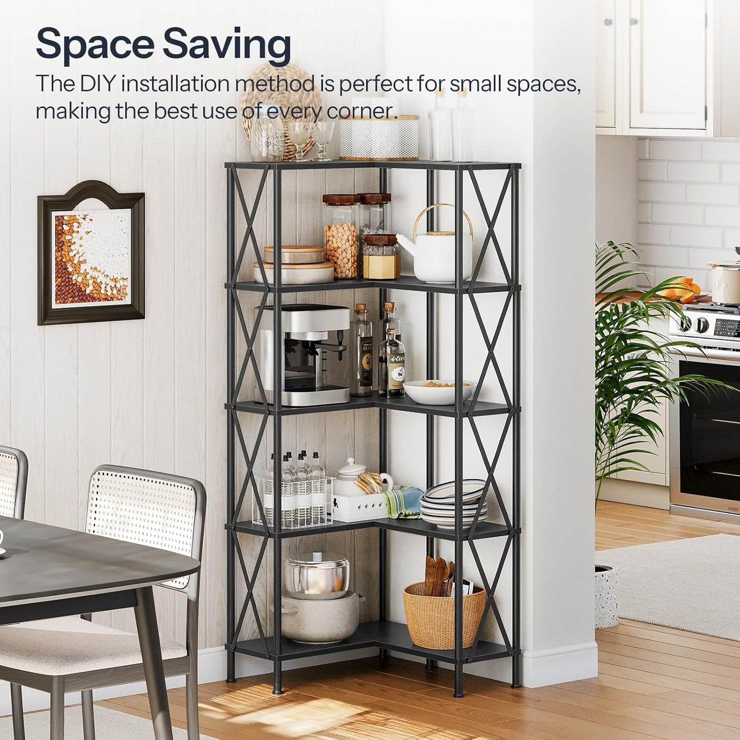 Corner Bookshelf, 5-Tier L-Shaped Bookcase, Industrial Open Display Shelf Tall Storage Organizer, Vertical Storage Rack, for Living Room, Home Office, Black BB60SJ01-2