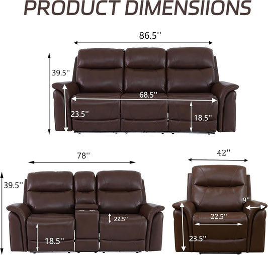 Power Recliner Sofa Set with LED, Breathing Leather Reclining Sofa Set, Living Room Set Recliner Couch Loveseat with USB Port/Cup Holder/Storage for Living Room (3 Pieces Couch Set, Brown)-1