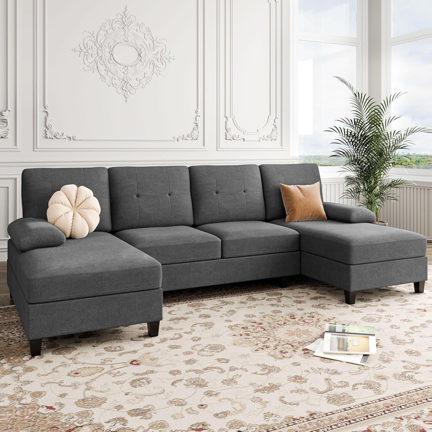 U-Shaped Sectional Sofa with Double Chaise, 4-Seat Linen Fabric Living Room Furniture Set, High-Density Cushions for Ultimate Comfort & Modern Style, Black-0