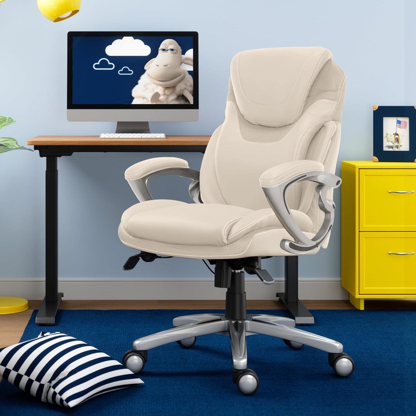 Bryce Executive Office Chair, Ergonomic Computer Deskchair with Patented AIR Lumbar Technology, Comfortable Layered Body Pillows for Cushioning, quality Foam, Bonded Leather, Cream White-1
