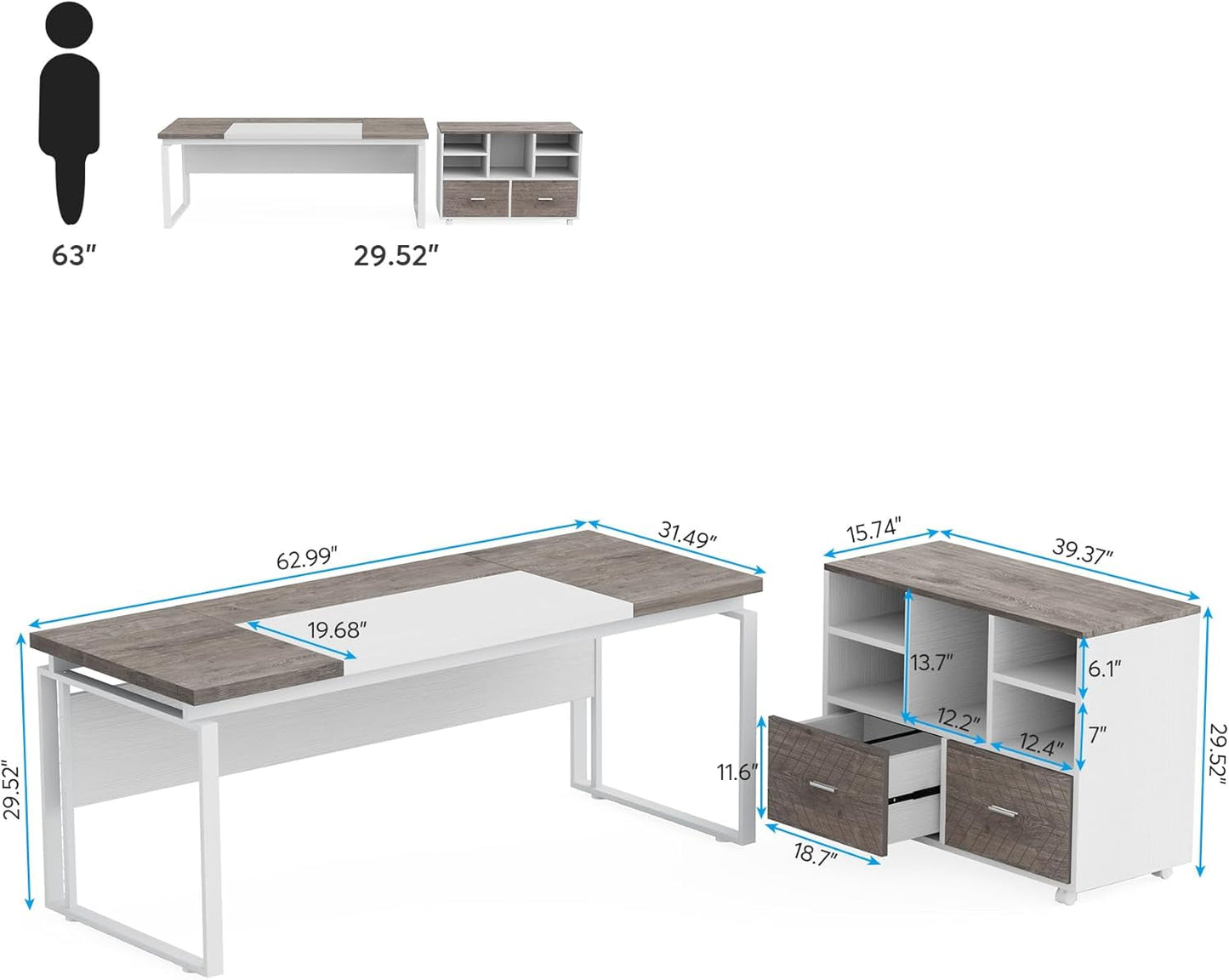L-Shaped Executive Desk with Reversible File Cabinet, 63" Office Desk with Storage Drawers, L-Shaped Computer Desk with Drawer Cabinet for Hanging Letter Size Files,Gray & White-1