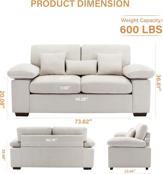 Loveseat Sofa,73" Love Seat Couches Living Room Sofa with 3 Pillows,Upholstered Modern Comfy Chenille Seat Cushions Bedroom Couch,Beige-1