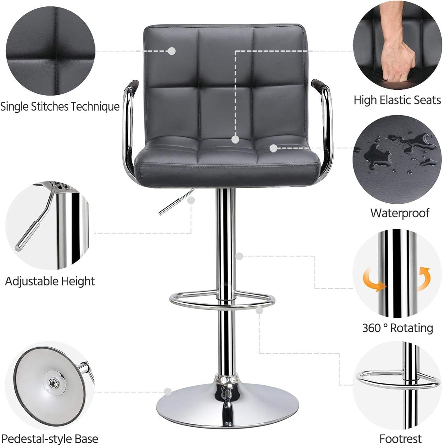 Bar Stools, Adjustable PU Leather Swivel Barstools, Modern Counter Stools with Back and Footrest, Counter Height Barstools for Bar, Kitchen, Dining Room, Set of 2, Grey-4