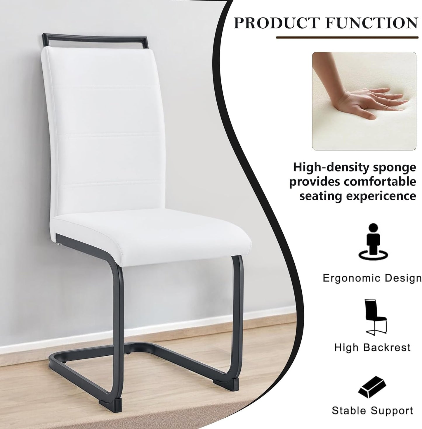 Modern Dining Chairs Set of 4, PU Faux Leather High Back Upholstered Dining Room Side Chair with Horizontal Stripe Backrest Design for Kitchen Living Room Dinner Chairs, White with Black Legs-4