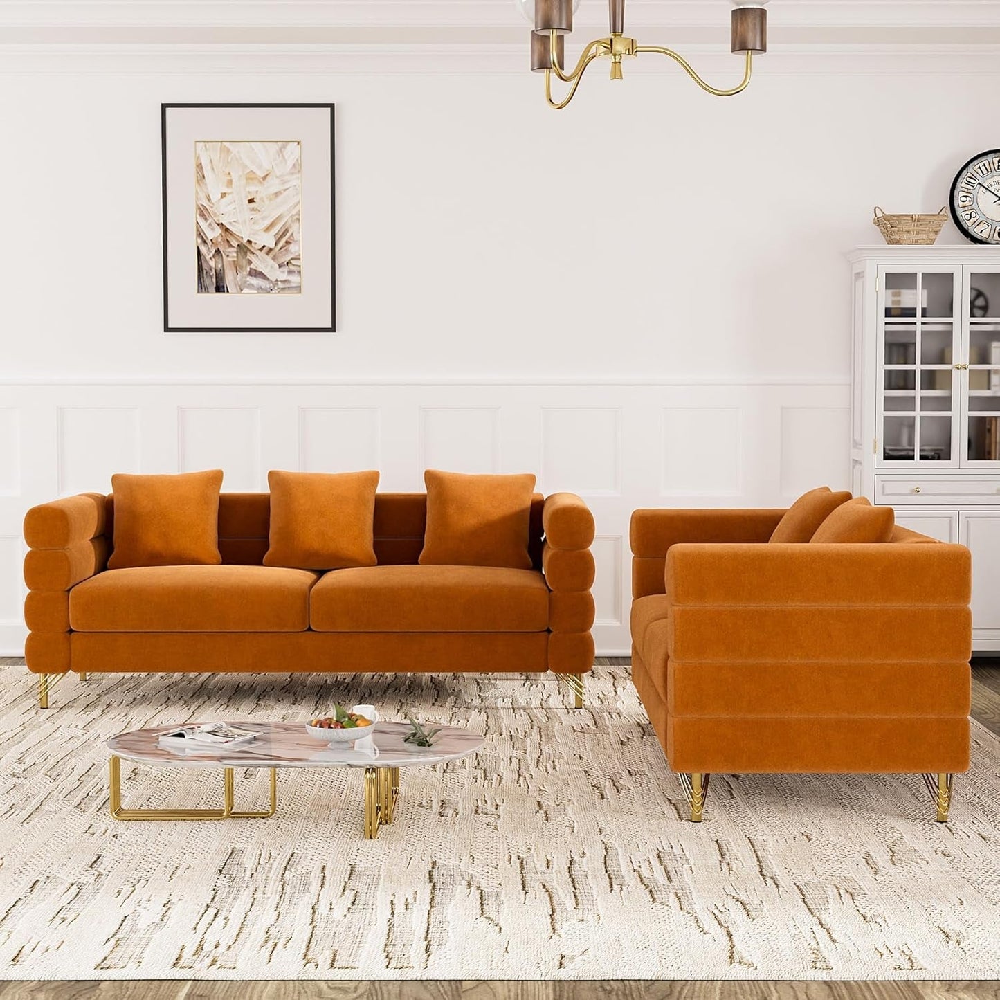 Living Room Sofa Couch and Loveseat Set, Modern Comfy Velvet Deep Seat Cloud Couch with 5 Pillows, Oversized Sofa Furniture Sets for Living Room Bedroom, Orange Velvet-2