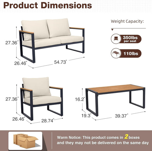 Patio Furniture Set, 4 Pieces Outdoor Patio Furniture with Coffee Table Set, Metal Patio Conversation Sets with Washable and High-Resiliency Sponge Cushions, Upgarded Beige-1
