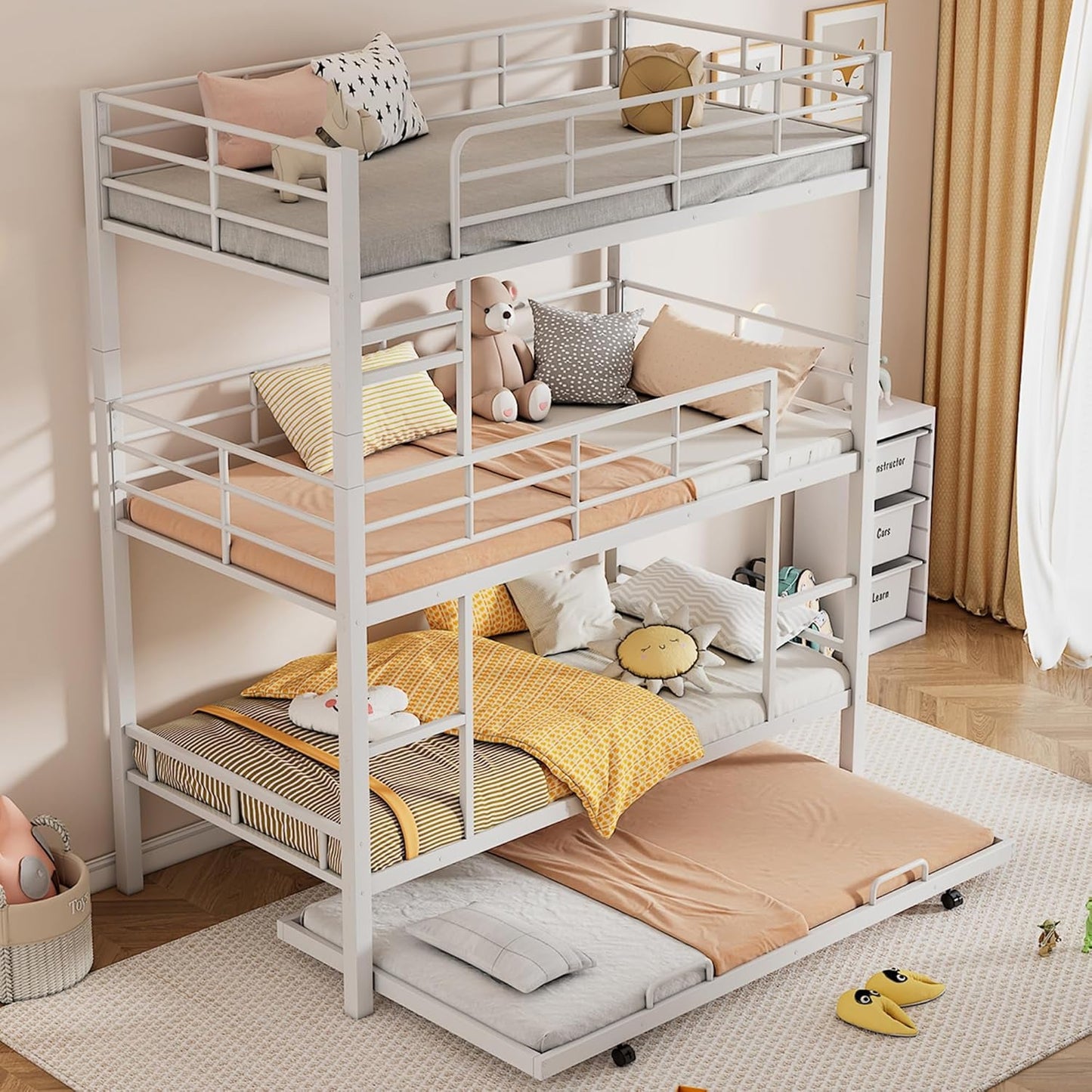 White Triple Bunk Bed with Trundle, Twin over Twin Bunk Beds, Metal Quad Bunk Beds, 3 Bunk Beds with 2 Ladders & Guardrails, Convertible Heavy Duty Steel Frame-4