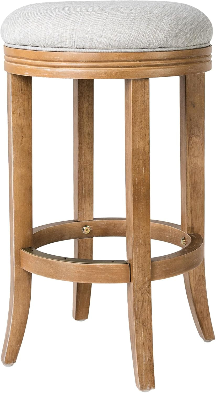 Eva 31 Inch Tall Bar Height Rotating Backless Barstool in Weathered Oak Finish with Sand Color Fabric Upholstered Seat-0