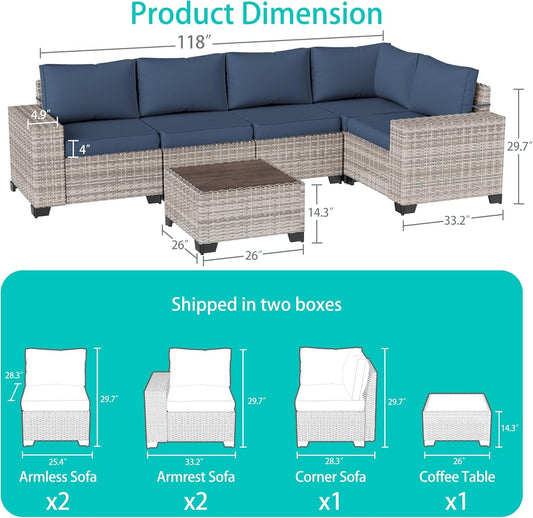 6-Piece Outdoor Patio Furniture Set Wicker Sectional Sofa Set, Patio Conversation Set with Thickened Cushions & Coffee Table for Garden, Backyard, Poolside, Blue-1