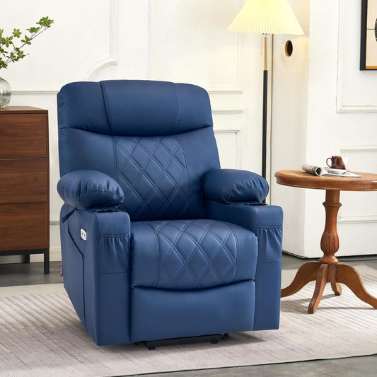 Small Size Electric Power Lift Recliner Chair Sofa with Massage and Dual Heating, Adjustable Headrest for Elderly People Petite, USB Ports, Faux Leather 7111 (Blue)-1