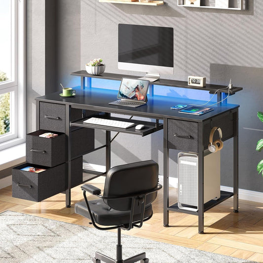 Computer Desk 47.2" with LED Lights & Power Outlets, Home Office Desk with 4 Drawers, Writing Desk with Keyboard Tray, Study Desk with Monitor Stand, Work Desk for Home Office, Black-1