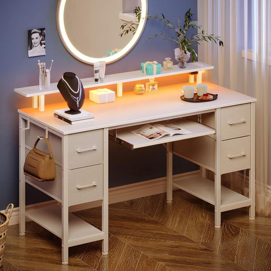 Computer Desk 47.2" with LED Lights & Power Outlets, Home Office Desk with 4 Drawers, Writing Desk with Keyboard Tray, Study Desk with Monitor Stand, Work Desk for Home Office, White-1