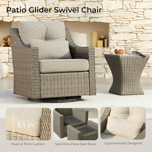 3 Pieces Wicker Patio Bistro Set, Outdoor Furniture Set with 2 Pieces Rattan Rocking Swivel Chairs, Thickened Cushions and Side Table, Brownish Grey Cushions with Grey Wicker-1