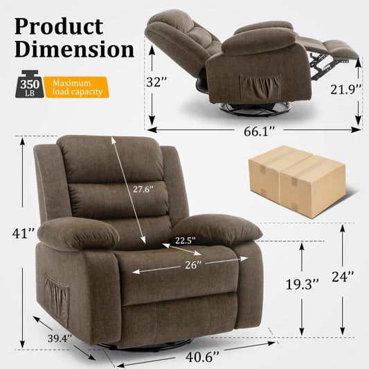 Recliner Chair, Wide Rocker Chair, Rocking Chair with Massage and Heat,360°Swivel Nursery Rocking Chairs, Oversized Recliner for Adults, Cashmere Reclining Sofa for Living Room, Brown-1