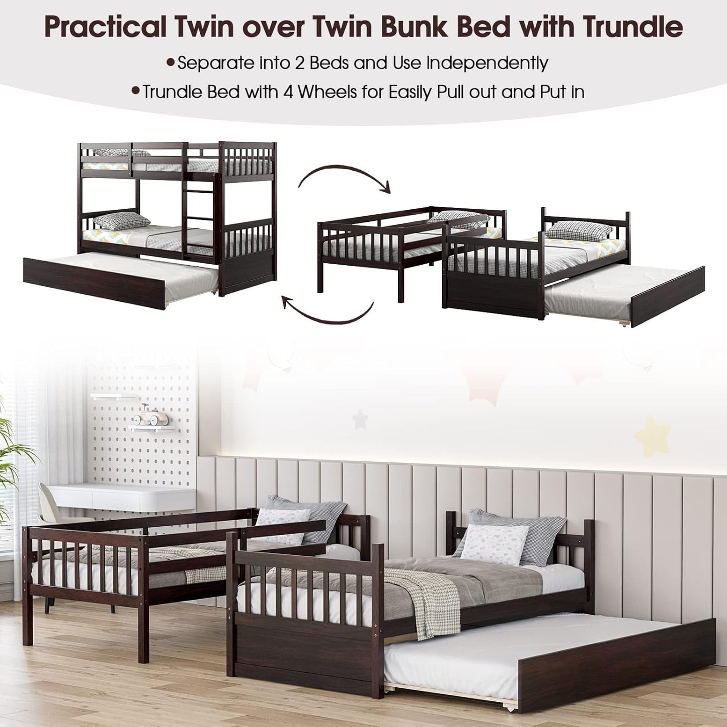 Twin over Twin Bunk Bed with Trundle, Convertible Platform Bed Frame with Ladder & Solid Wood Frame, Space-Saving Bunk Bed for Teens & Adults, No Box Spring Needed, Espresso-4