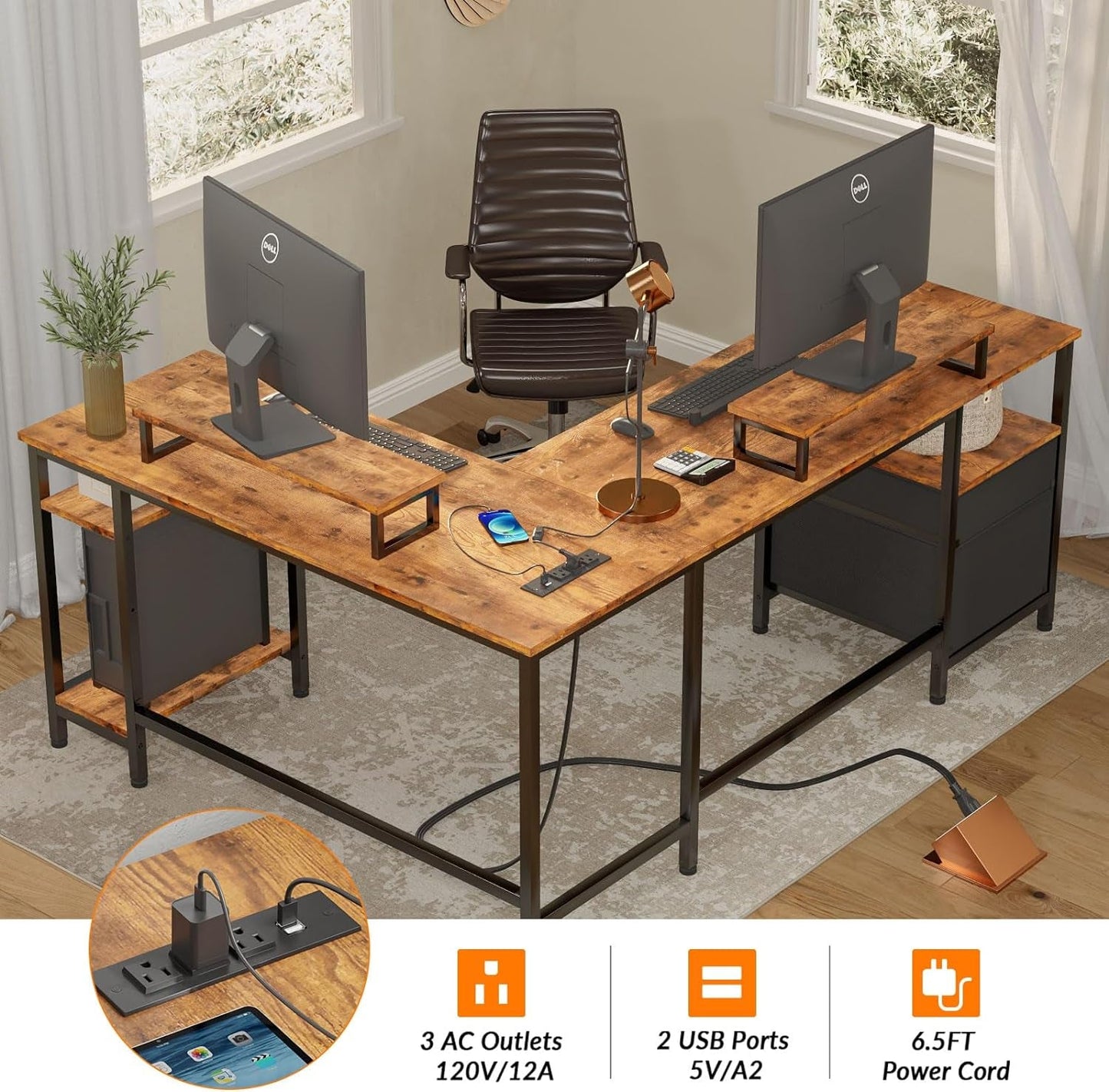 66” L Shaped Desk with Power Outlet, Reversible Computer Gaming Desk with File Drawer & 2 Monitor Stands for Home Office with Storage Shelves, Rustic Brown-4