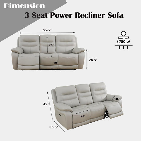 Genuine Leather Recliner Couch Set, Living Room Furiture Set,Power Reclining Sofa Set, Top Grain Leather Sofa with Built in USB Port for Living Room(Light Grey) (Sofa+Loveseat)-1