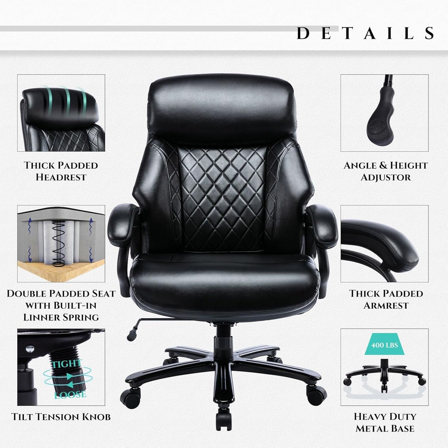Big and Tall Office Chair 400Lbs-Heavy Duty Executive Desk Chair with Extra Wide Seat, High Back Ergonomic Leather Computer Chair with Tilt Rock&Tension, Padded Armrests-Black-4