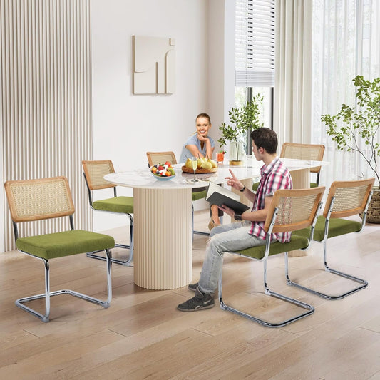 Modern Cesca Cane Dining Chairs, Set of 2, Handwoven Rattan Cane Back, Chrome Base, Upholstered Cotton Seat, Ideal for Kitchen or Dining Room, Green-1