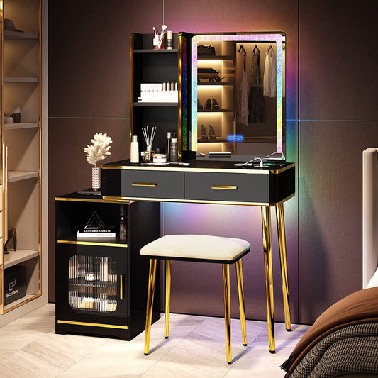 Black Makeup Vanity Set with RGB LED Lighted Mirror-1