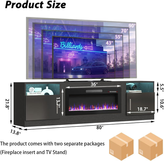 Fireplace TV Stand with 36" Fireplace,80" TV Stand with LED Light for Tvs up to 85",Entertainment Center Console Table with Highlight Storage Cabinets (Black)-1