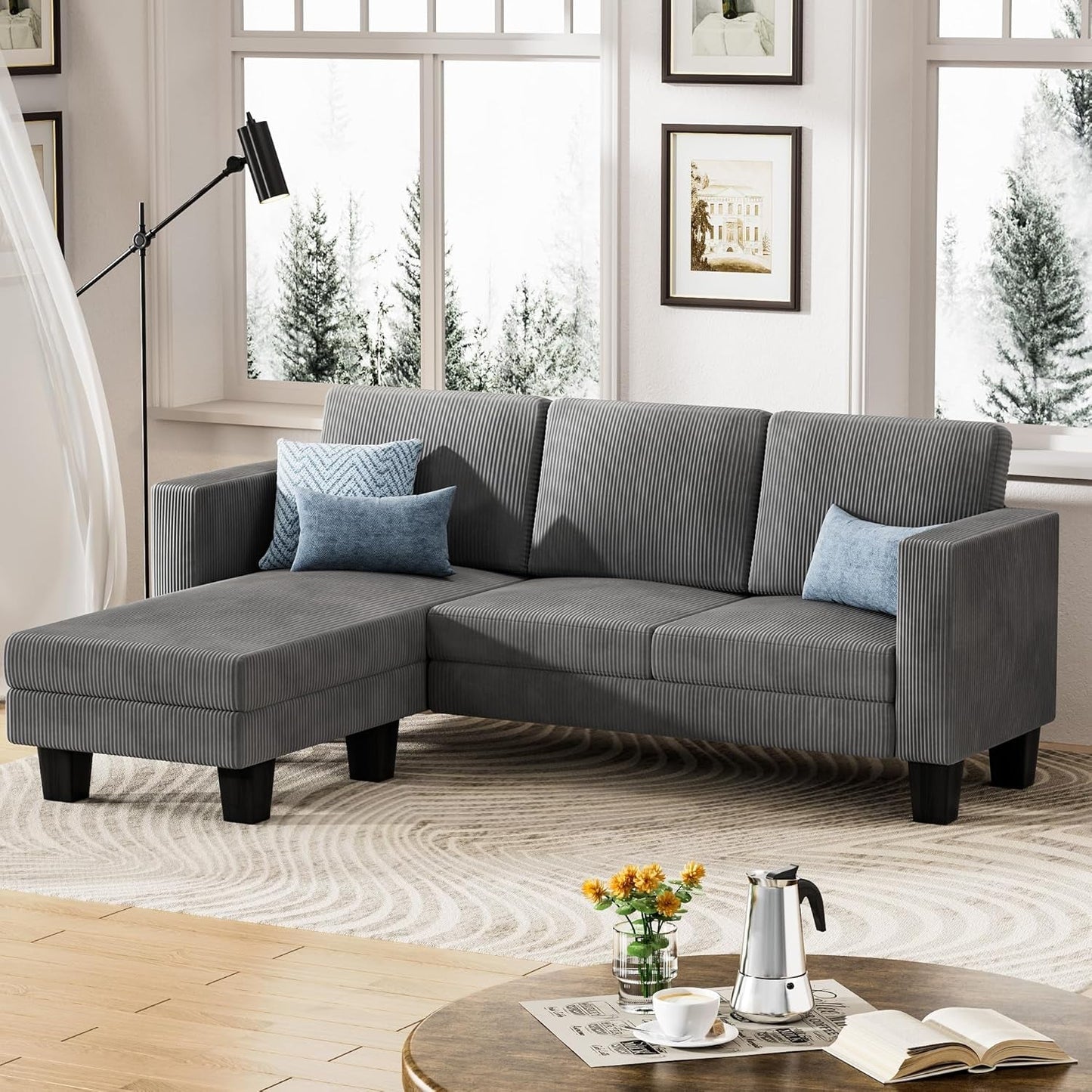 L-Shaped Convertible Sectional Sofa 3 Seater with Corduroy Fabric, Complete with Mobile Footrest, for Living Room, Apartment and Office, 70", Dark Gray-2