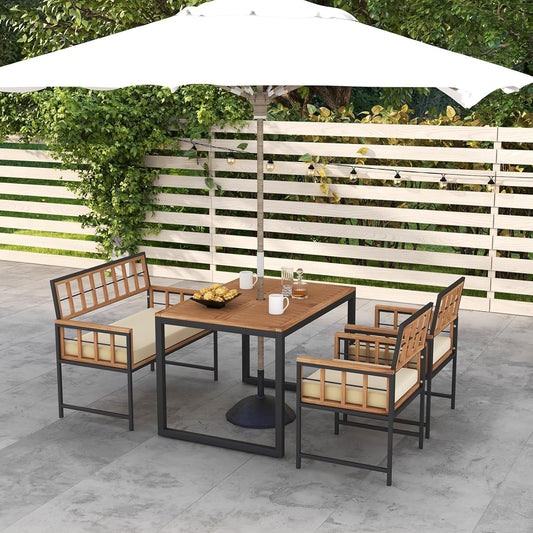 4 Piece Patio Dining Set, Outdoor Wood Dining Furniture W/ 2 Chairs & 1 Loveseat, 47” Acacia Wood Table W/Umbrella Hole, Cozy Seat Cushions, outside Furniture Set for Backyard, Poolside-1