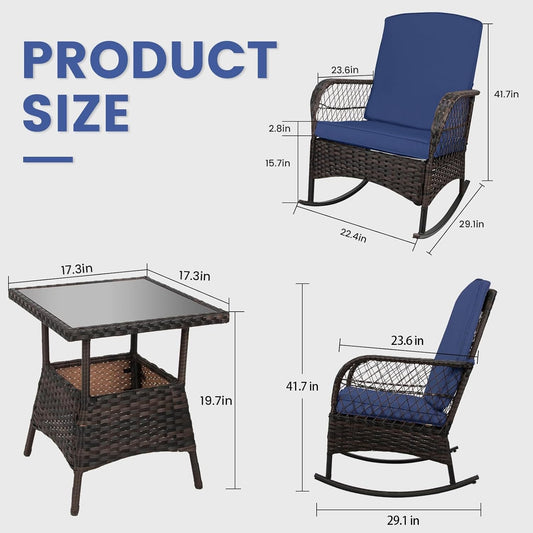 3 Pcs Rocking Bistro Set Conversation Chairs with Arm Rest, Cushion Availability PE Wicker Outdoor Rocking Chairs for Relaxing(Dark Blue)-1