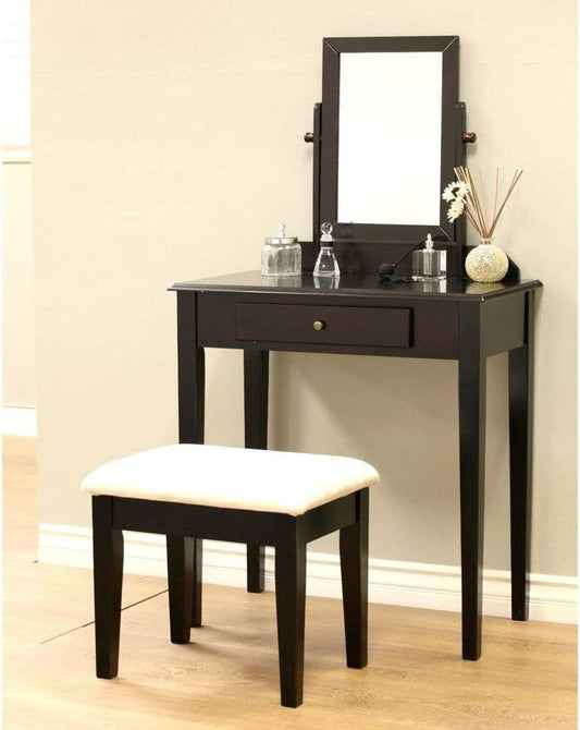Transitional Vanity Set with Mirror, Stool (Espresso)-1