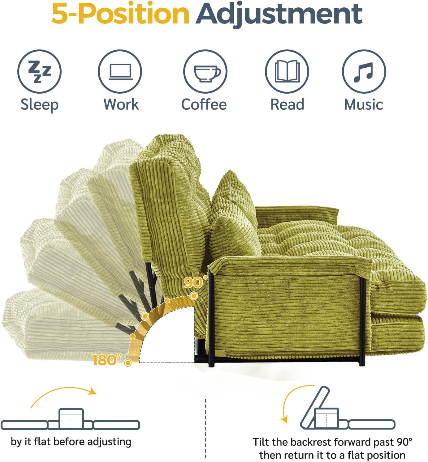 Adjustable Floor Sofa Couch with 2 Pillows, Multi-Functional Bean Bag Bed, 5-Position Foldable Lazy Sofa Sleeper Bed with Armrest, Versatile Floor Seating Sofa for Reading, Green, Double-3