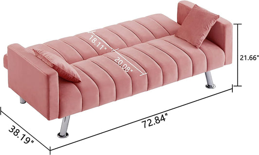 Pink Velvet Sofa Bed with 2 Pillows-1