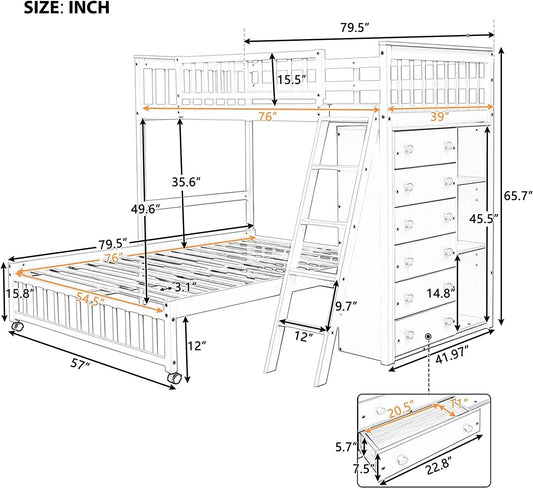 Twin over Full Bunk Beds with Six Drawers and Flexible Shelves,Wooden Bunk Beds with Storage and Removable Bottom Bed for Kids Girls Boys,No Box Spring Needed (Espresso)-1
