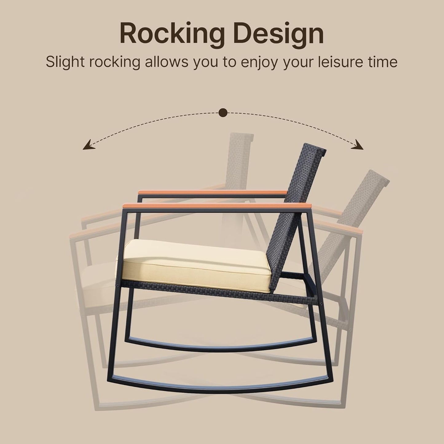3 Pieces Rocking Patio Bistro Set with Anti-Scald Armrest, Outdoor Patio Wicker Furniture Set with Glass Table and Cushion for Garden, Yard, Porch-4