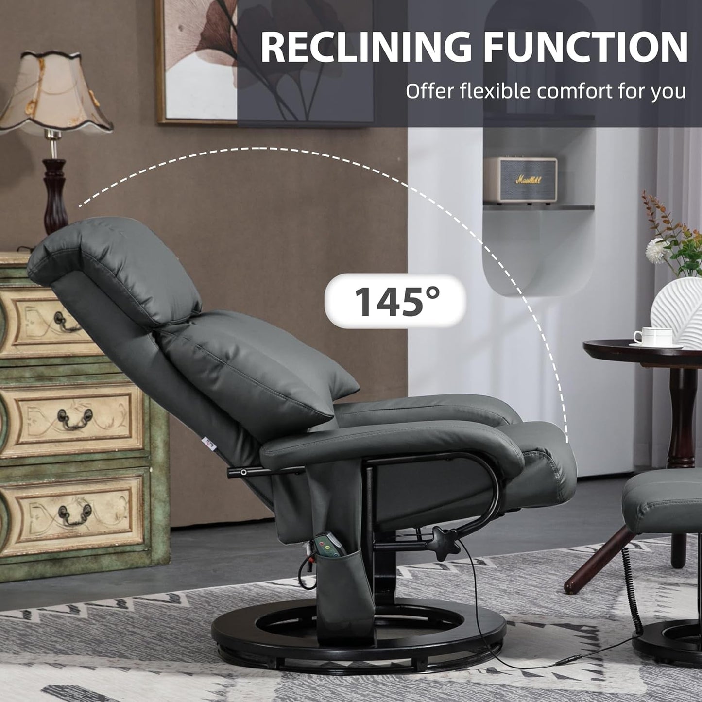Massage Recliner Chair Ottoman 360 Swivel Leather Gray-4