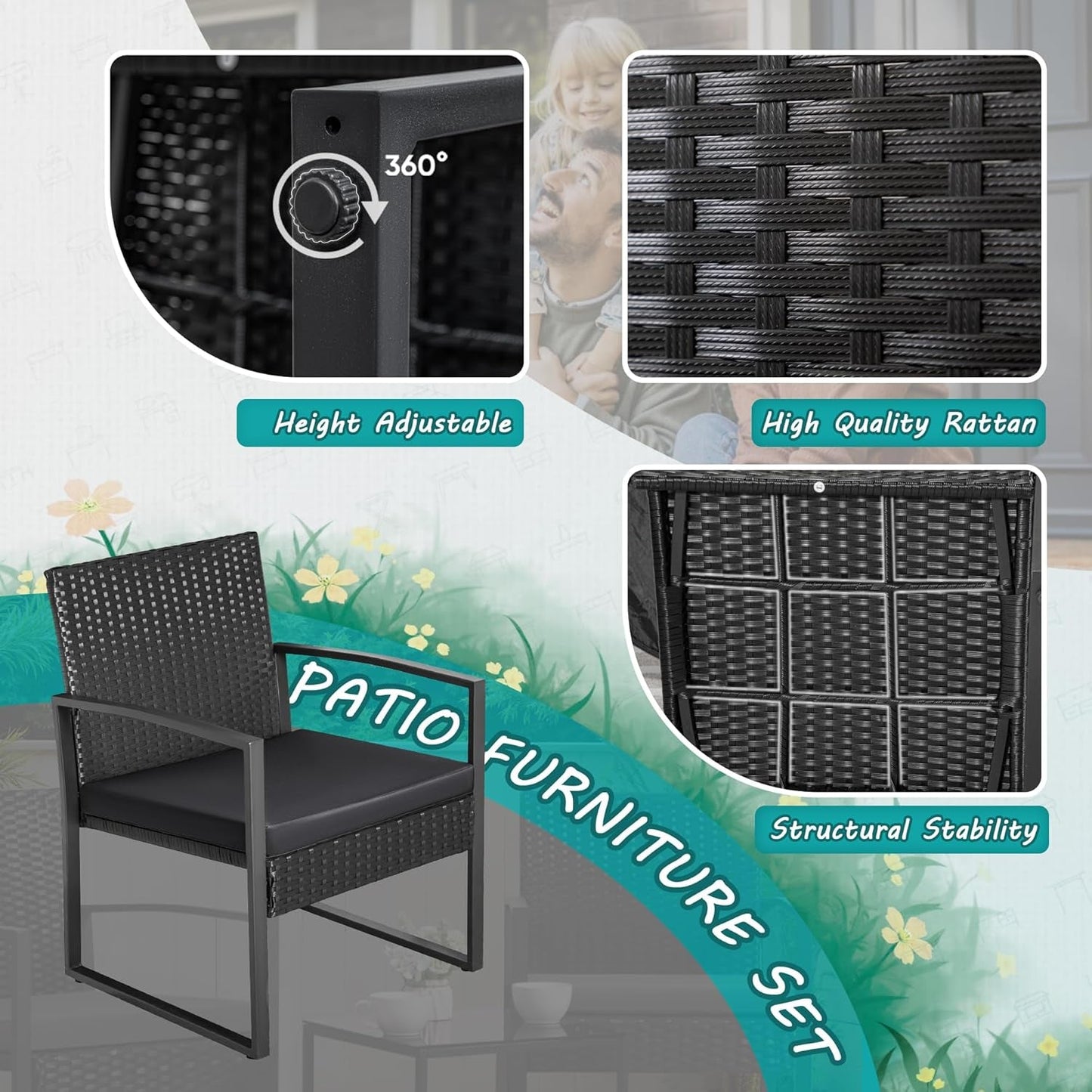 3 Piece Wicker Conversation Bistro Sets Outdoor Patio Set Modern Rattan Chair Furniture Sets with Coffee Table for Yard Garden Porch Lawn (Black)-4